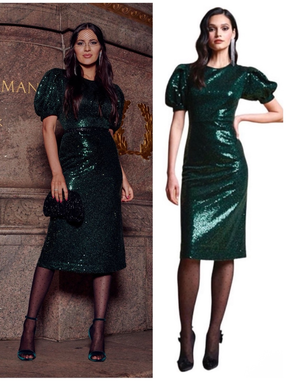 Rachel Parcell Bias Sequin Short Puff Sleeve Dress Green Medium